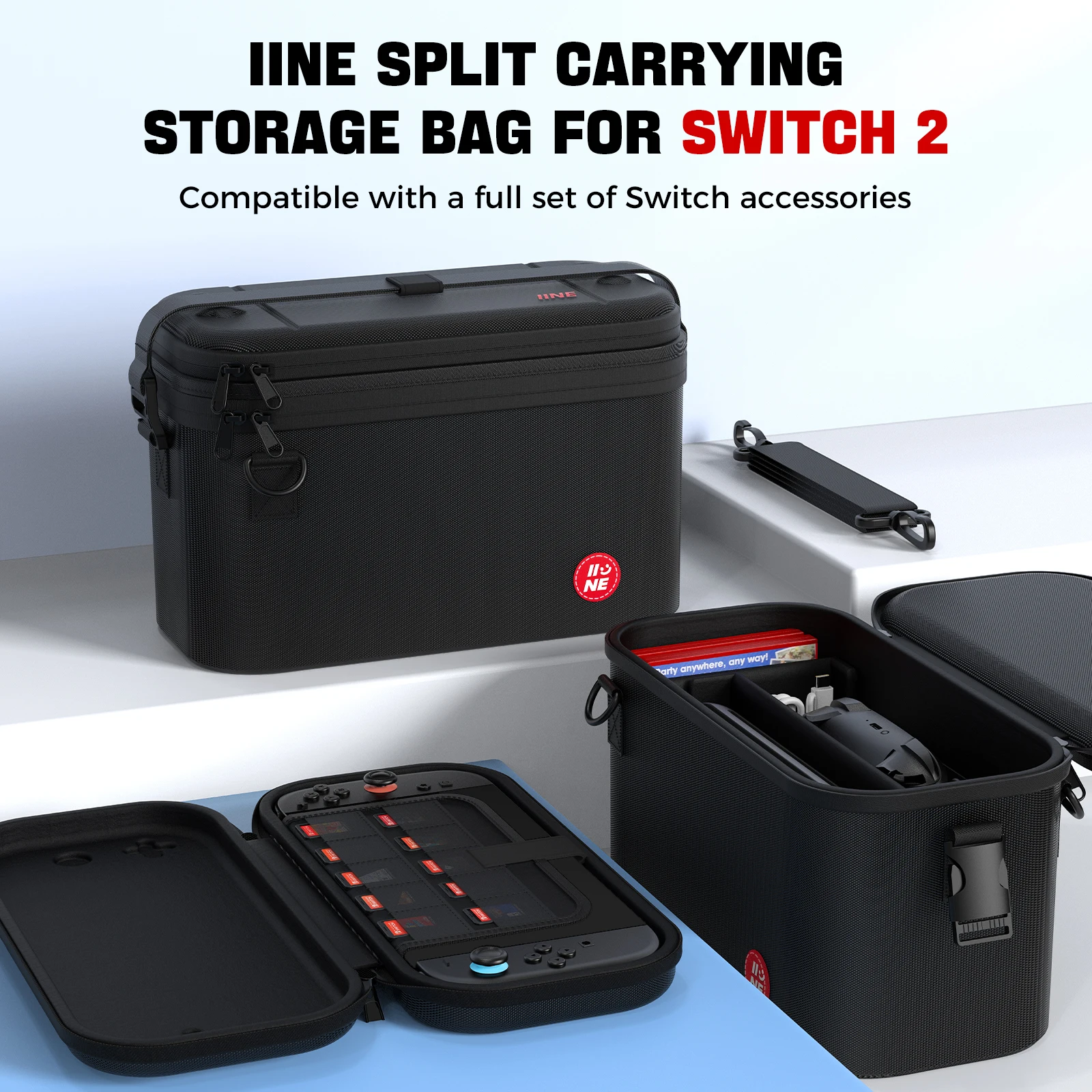 IINE SPLIT CARRYING STORAGE BAG FÜR SWITCH 2 / Großes Fassungsvermögen & abnehmbares Design & langlebiges EVA-Material & stoßfest & sturzsicher