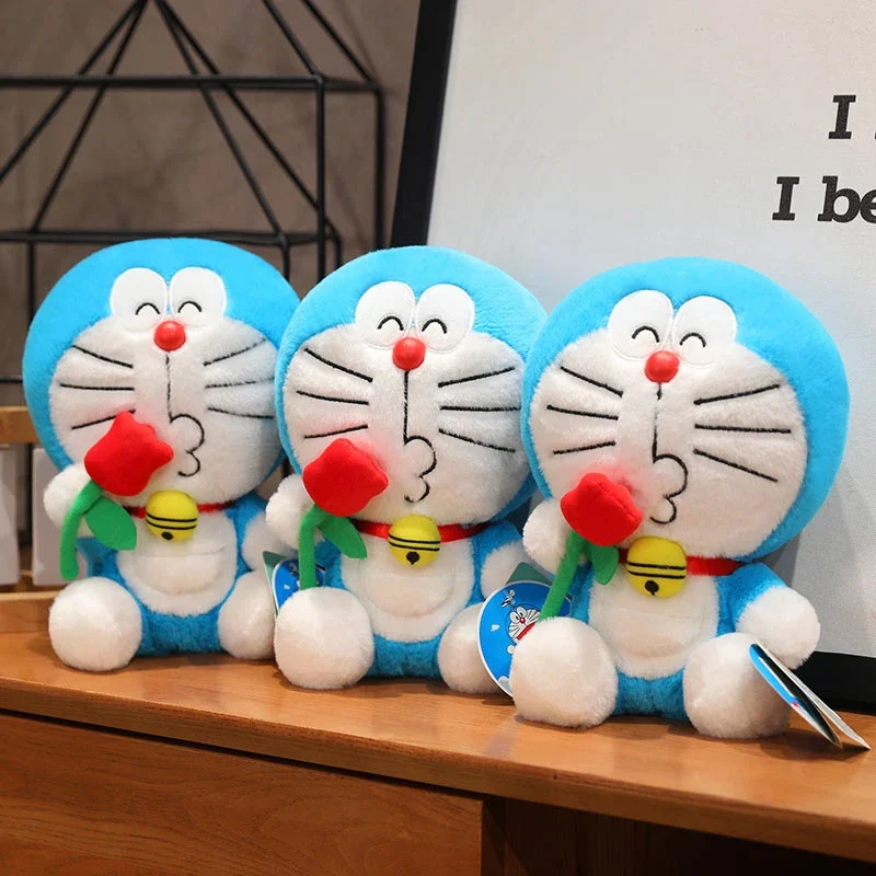Original com etiqueta rosa flor doraemon plushies boneca doraemon recheado anime bonito fofinho dolldoraemon brinquedo de pelúcia presentes