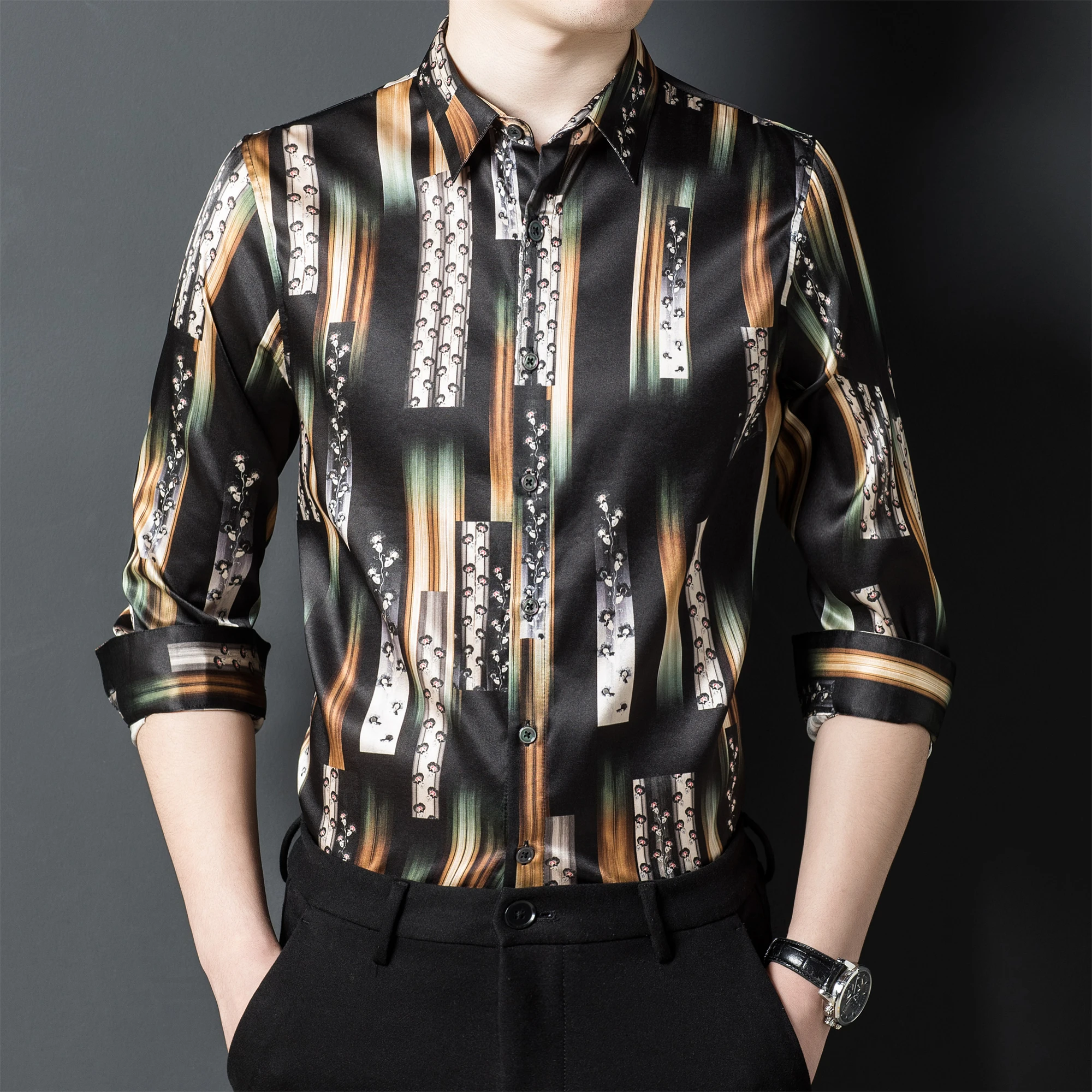 

Striped Print Silk Men Shirt High-End Luxury Long Sleeve Casual Summer New Quality Smooth Comfortable Plus Size Camisa Masculina