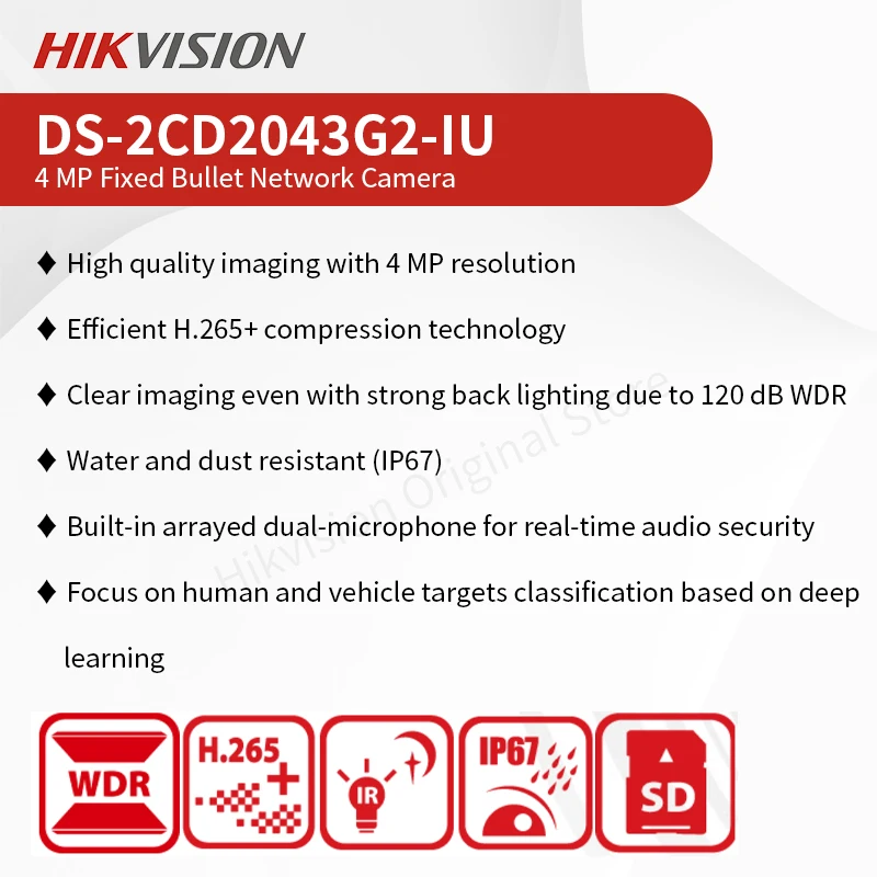 Hikvision Multi-langue 4MP 8MP Caméra Acufouet Smart Home 4K CCTV Micro Intégré IR 40m Carte SD DS-2CD2043G2-IU DS-2CD2083G2-IU