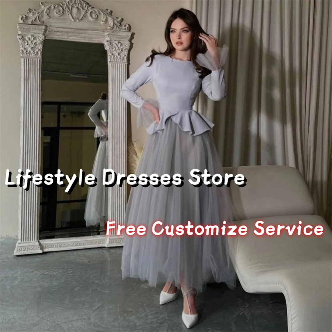 

Grey Temperature Women A-Line Prom Dress Long Sleeves Ruched Formal Dresses For Wedding Guest 2024 Arabia Party Gown