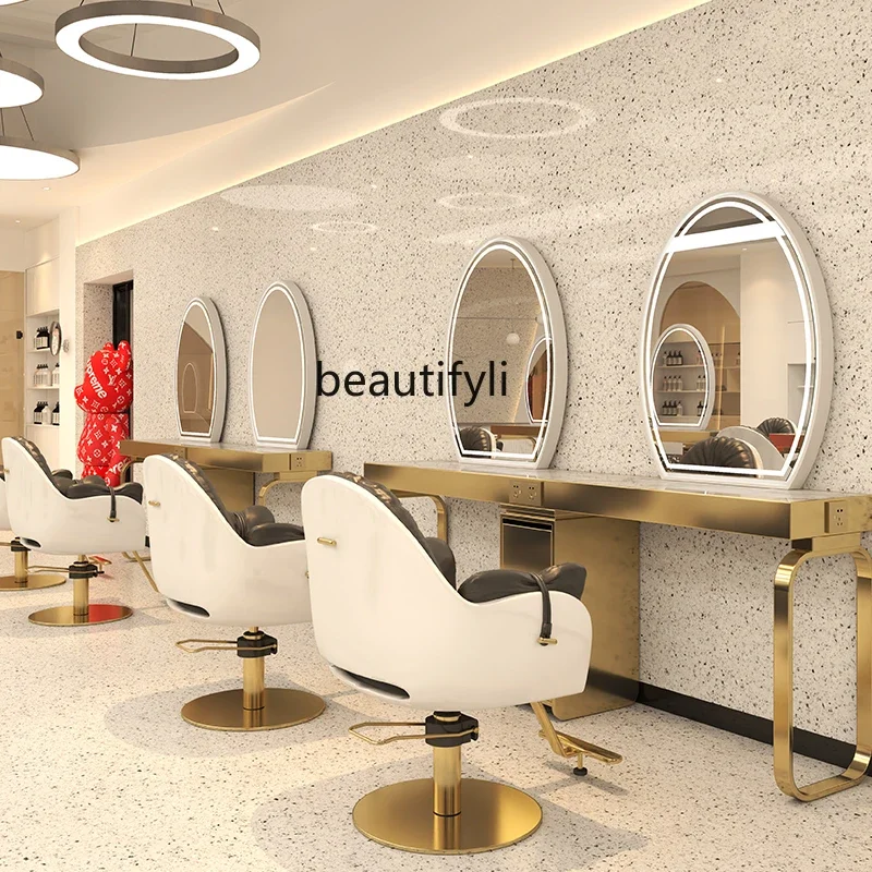 New Barber Shop Dressing Table Stainless Steel Single Double-Sided Floor for Hair Salon Mirror with Light