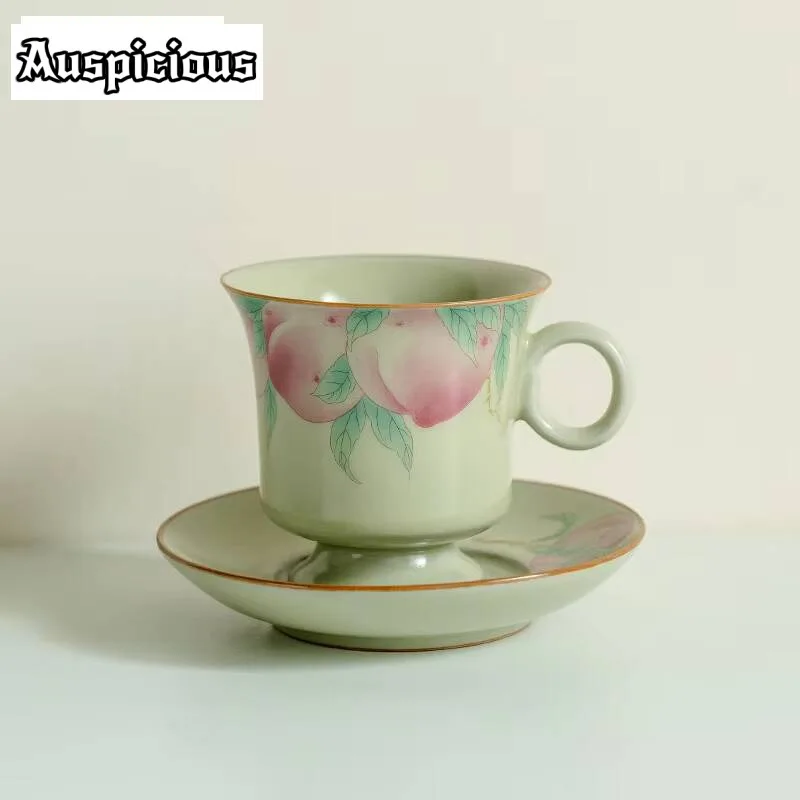 160ml Chinese Ru Kiln Porcelain Teacup Painted Longevity Peach Coffee Mug High Foot Dish Cup Saucer Set Water Jug Drinking Gifts