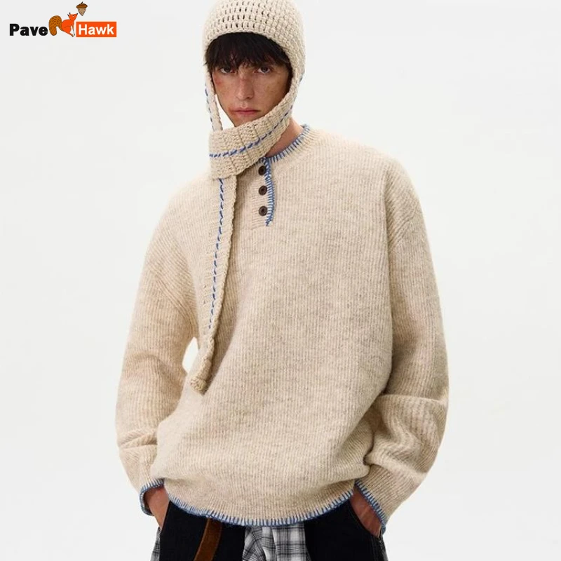 New College American Sweater Mens Solid Harajuku Henry Collar Loose Pullover Simplicity Casual Three Buttons Trendy Knitwear