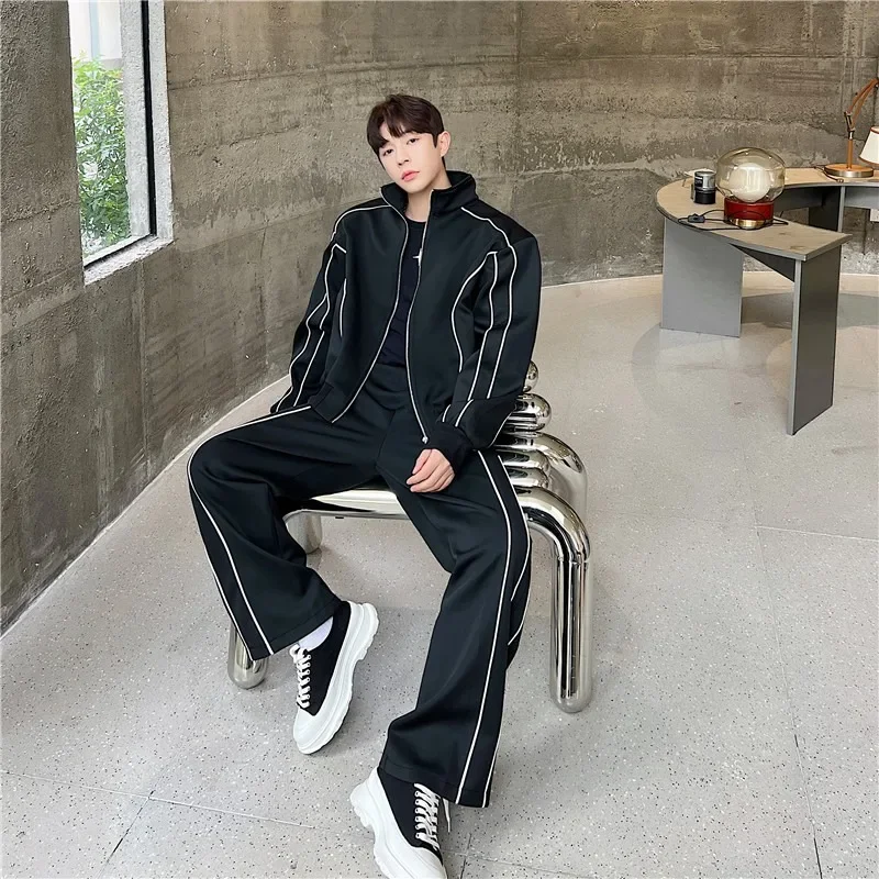 Korean Fashion Men's Sports Sets Long Sleeve Zipper Jacket Elastic Waist Casual Pants Spring and Autumn Two Piece Set