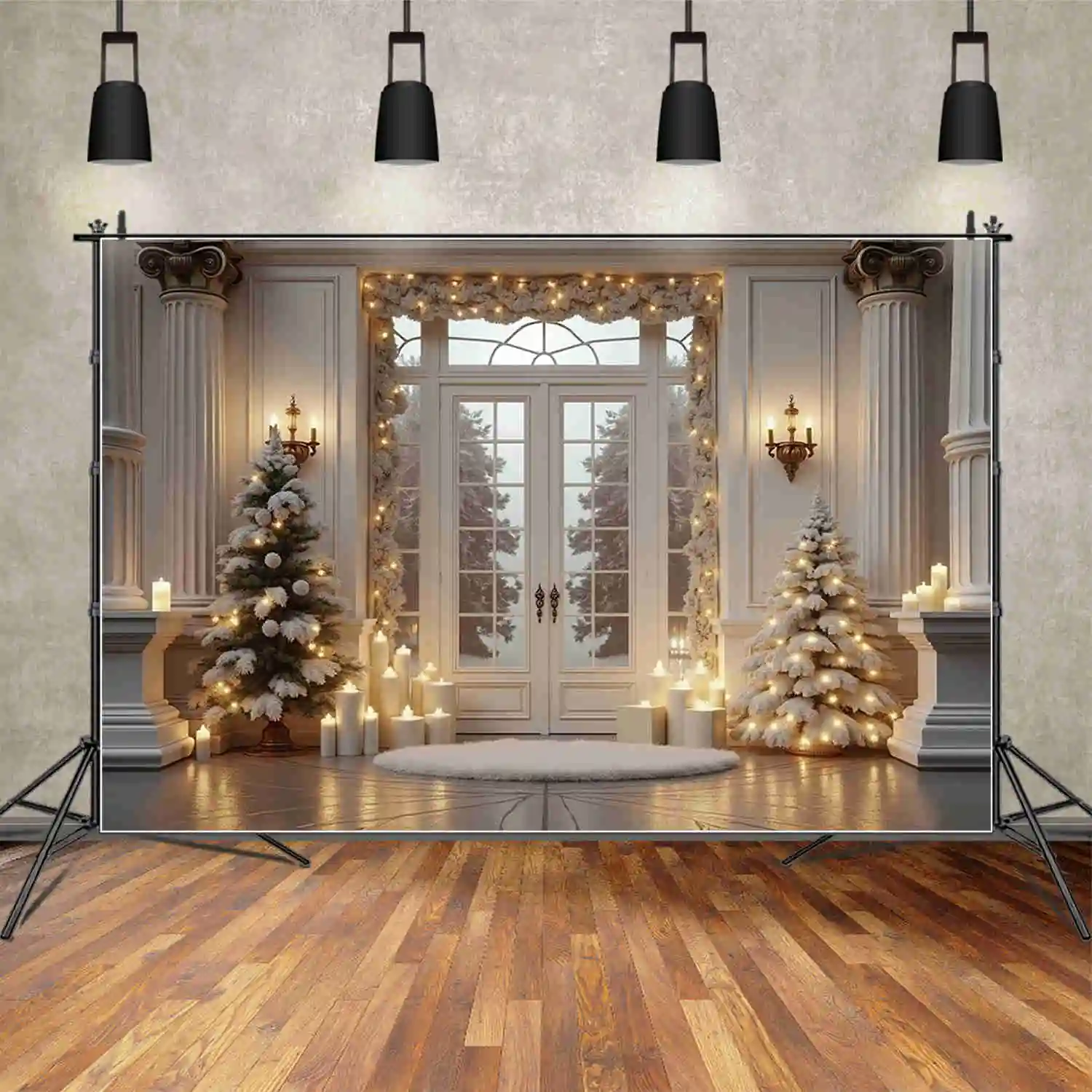 MOON.QG świąteczne białe zasłony zdjęcia tło Xmas sosna światła dekoracyjne Photocall tło 2025 rekwizyty do studia fotograficznego
