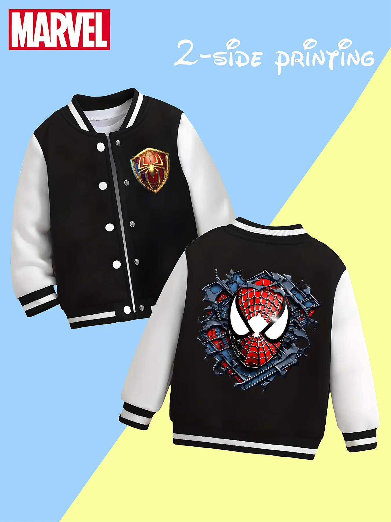 

MINISO Marvel Spider-Man shield-shaped children's baseball jacket - trendy black and white, soft skin-friendly fabric, autumn an