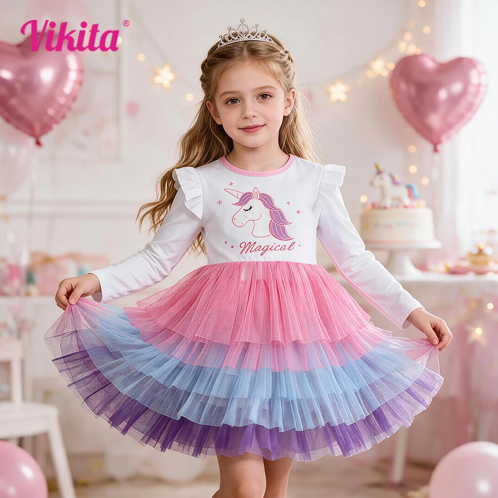 Girls Licorne Embroidery Long Sleeve Dress Kids Gradient Ombre Tiered Tulle Tutu Princess Party Dress for Height 116-128 cm