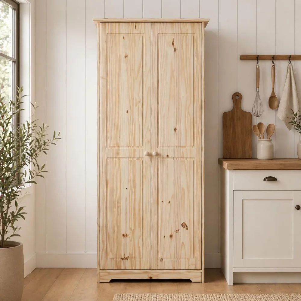 

Solid Pine Pantry Cabinet, 72" Tall Unfinished Kitchen Storage, Adjustable Shelves, Free-Standing Organizer, Customized