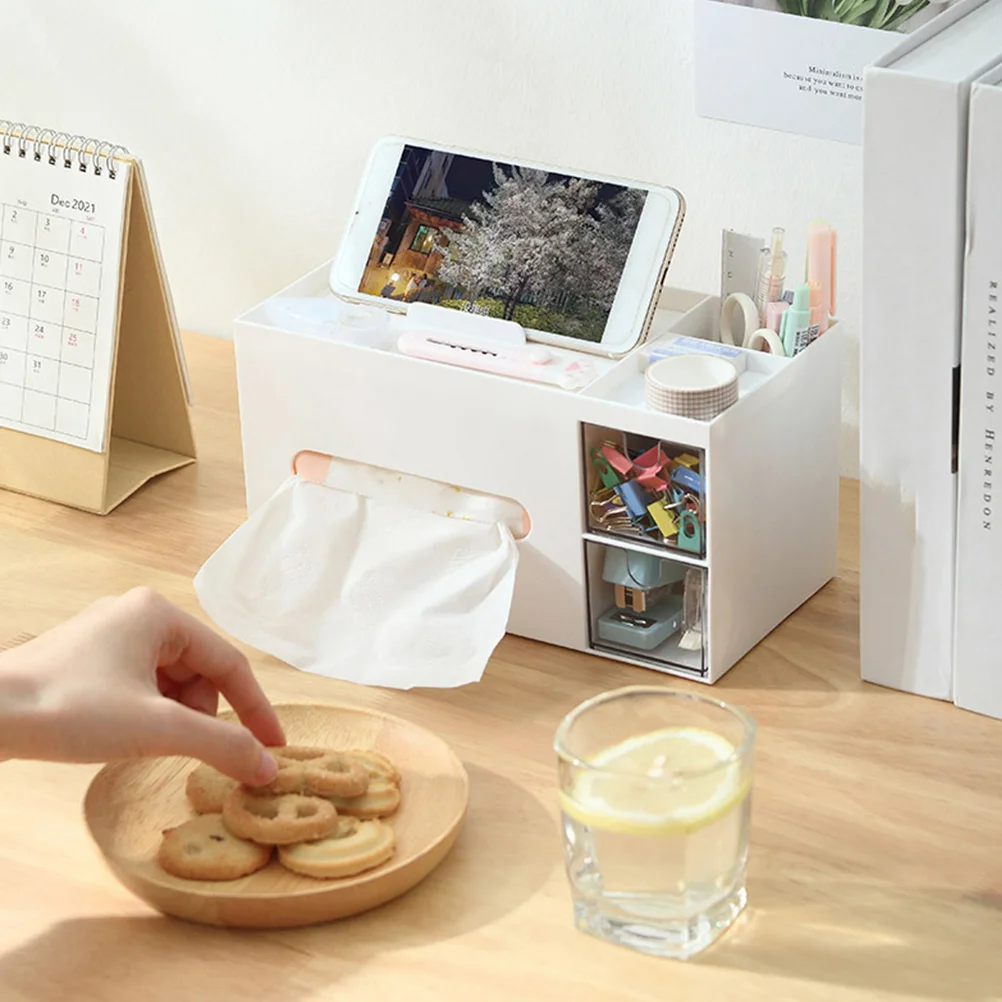 

Modern Tissue Dispenser Holder Multi Functional Paper Storage Box Desk Organizer Pen Container White Plastic Tissue Box