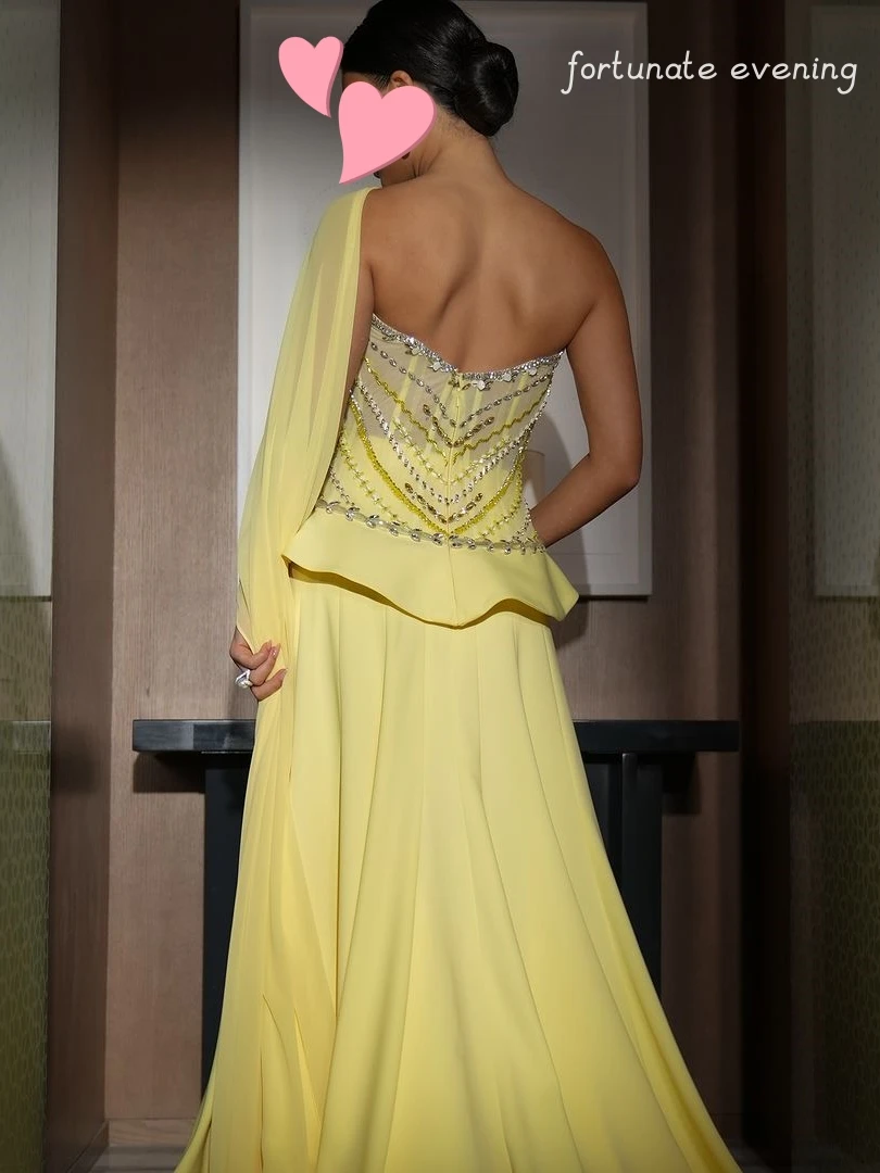 Fortunate Evening Elegant Vintage Sweet Sexy Yellow Crystal Beading Ruffle Summer Formal Occasion Prom Dress Evening Party Gowns