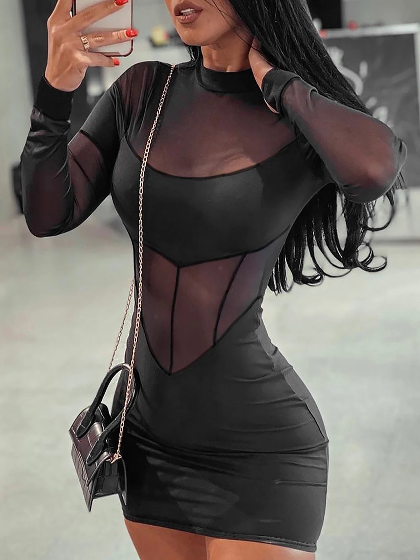 

Sexy Me Dr Long Sve Bla See-tough Net Splicing Club Tight Fit Skirt Women's Faion Spring Summer Autumn Polyester