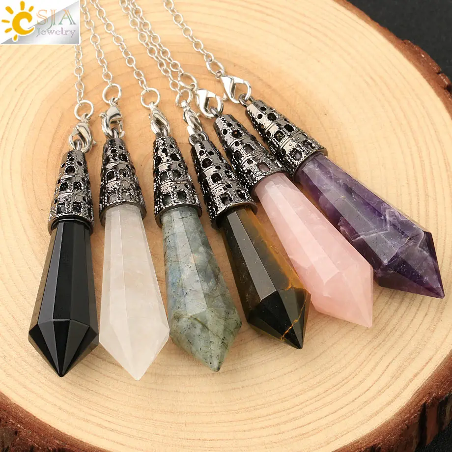 CSJA Natural Rock Crystal Stone Pendulum Hexagon Pyramid Reiki Healing Pendulum for Dowsing Divination Fashion Jewellery G590