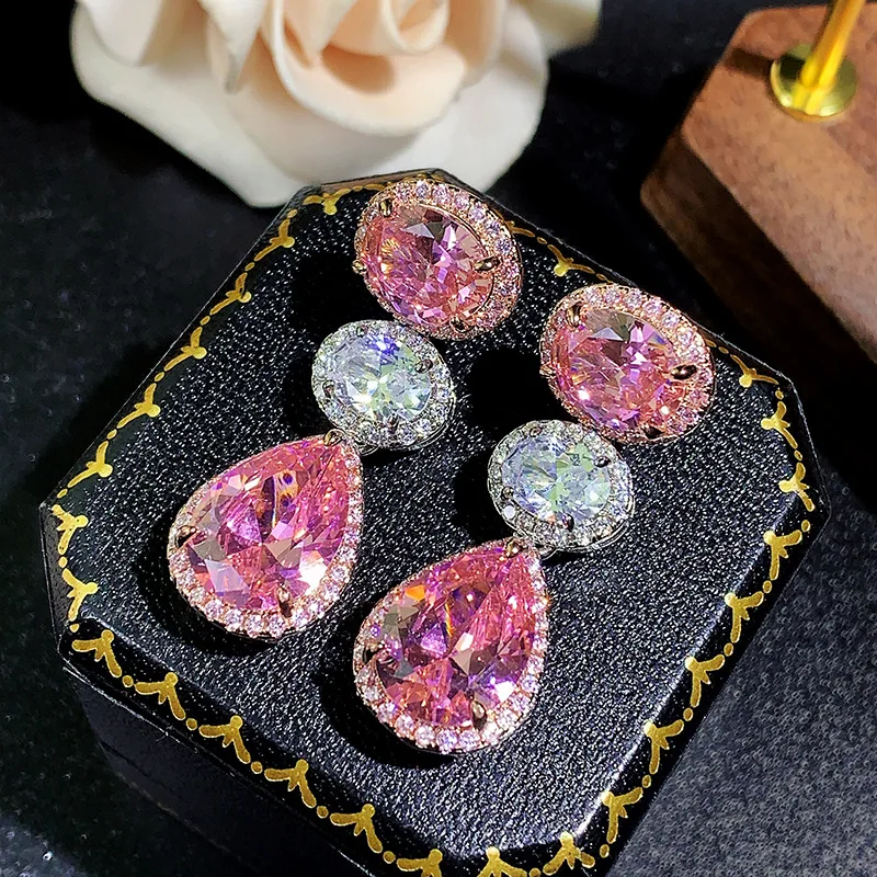 Gold Plated Multi-layer Teardrop CZ Drop Earrings Oval Colorful Zircon Dangle Earrings Women Wedding Banquet Statement Jewelry