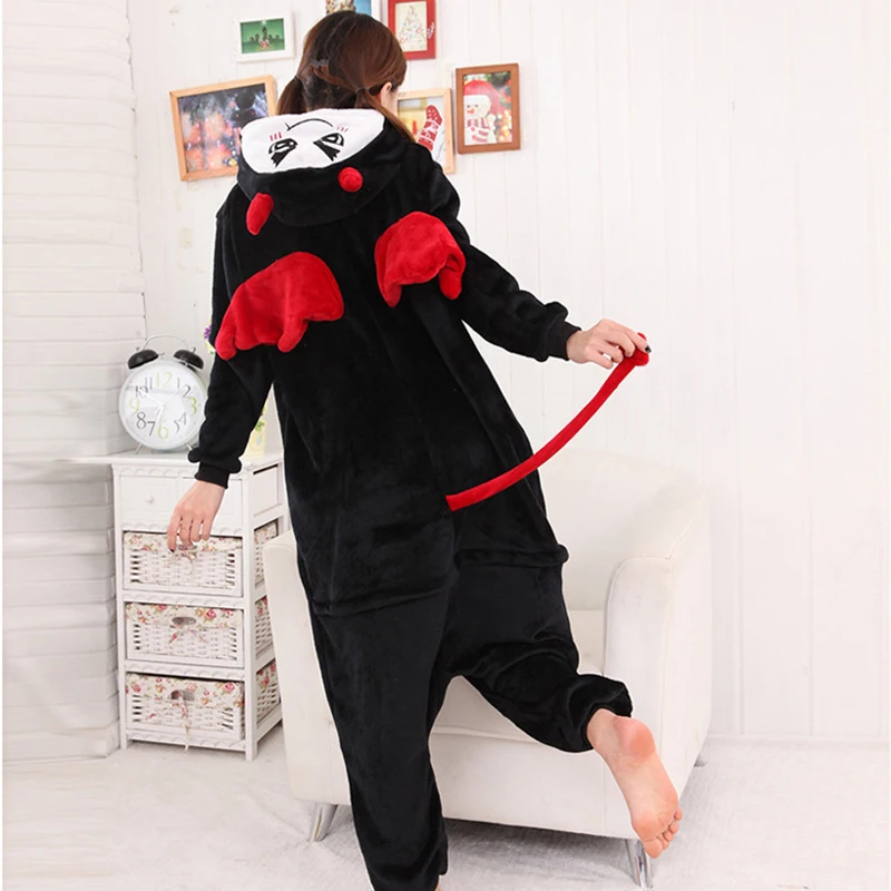 Black Evil Hooded Flannel One-piece pajamas Cartoon Button Onesie Couple Sleepwear Leisure wear Women Men Halloween Cosplay