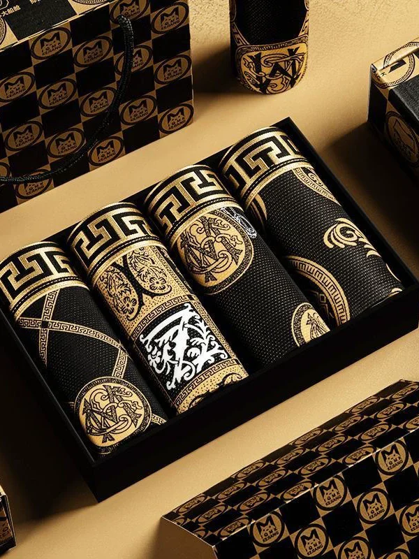 5 Piece Set Of Men's Black Gold Printed Boxer Shorts, Summer Breathable And Comfortable Underwear, Men's Casual Underwear