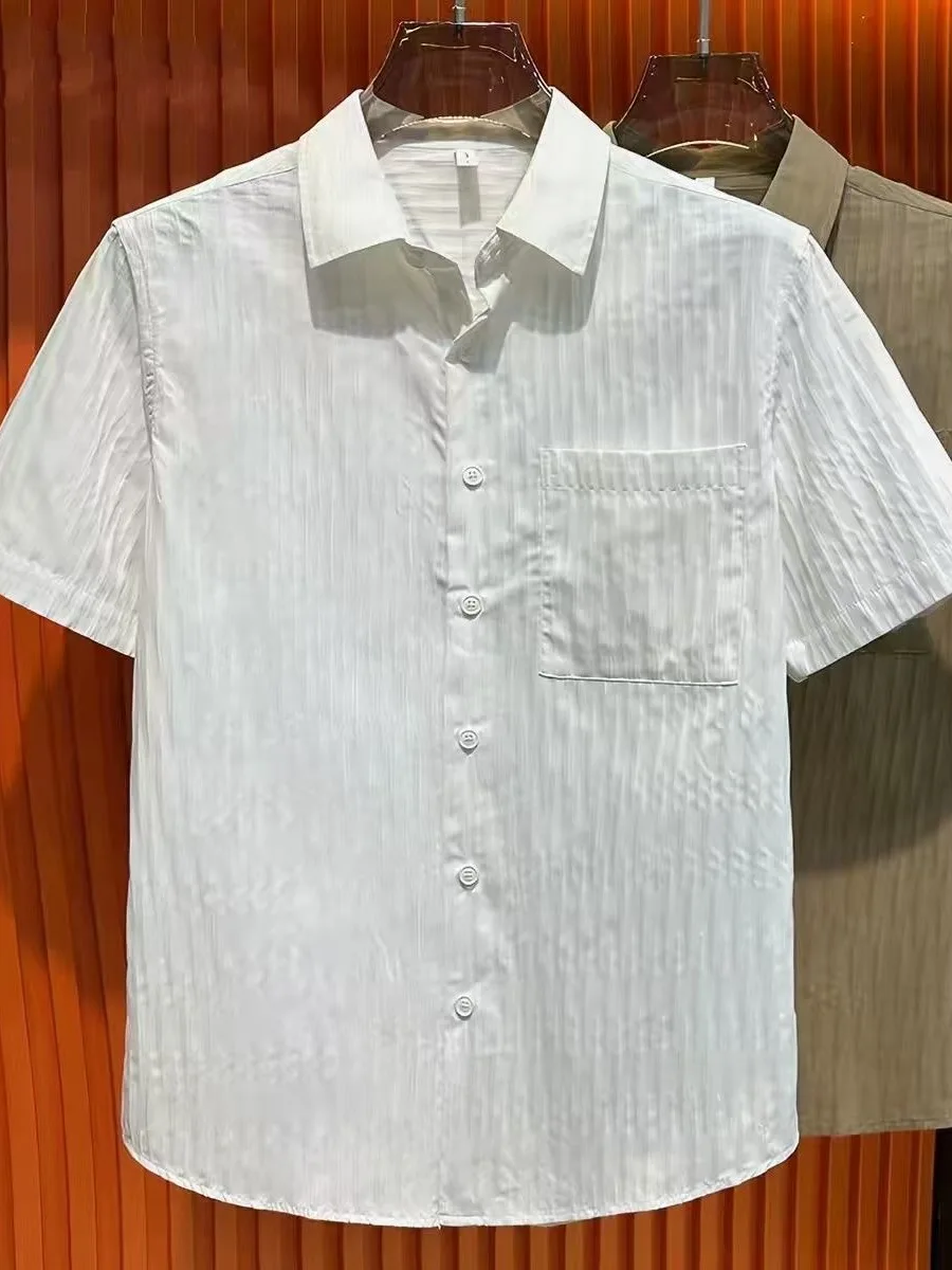 

Summer New Men's Striped Short Sleeve Shirt Loose Casual Versatile Simple Ice Silk Bubble Cloth Shirt Breathable Daily Wear