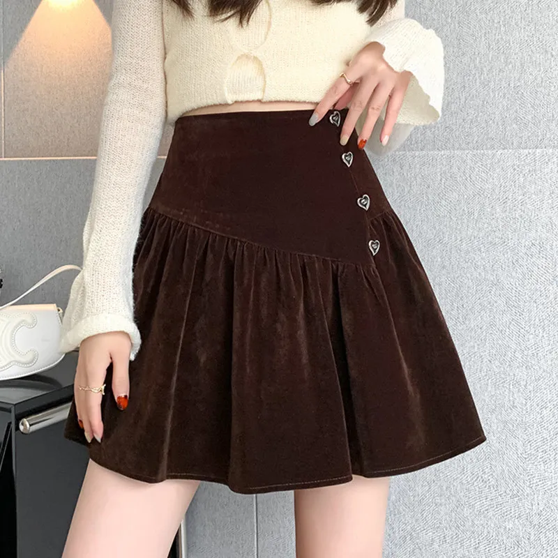 Gold Velvet Skirt Women's Spring andAutumn Winter clothes2023 New Small A Word Pleated Short dress  Design