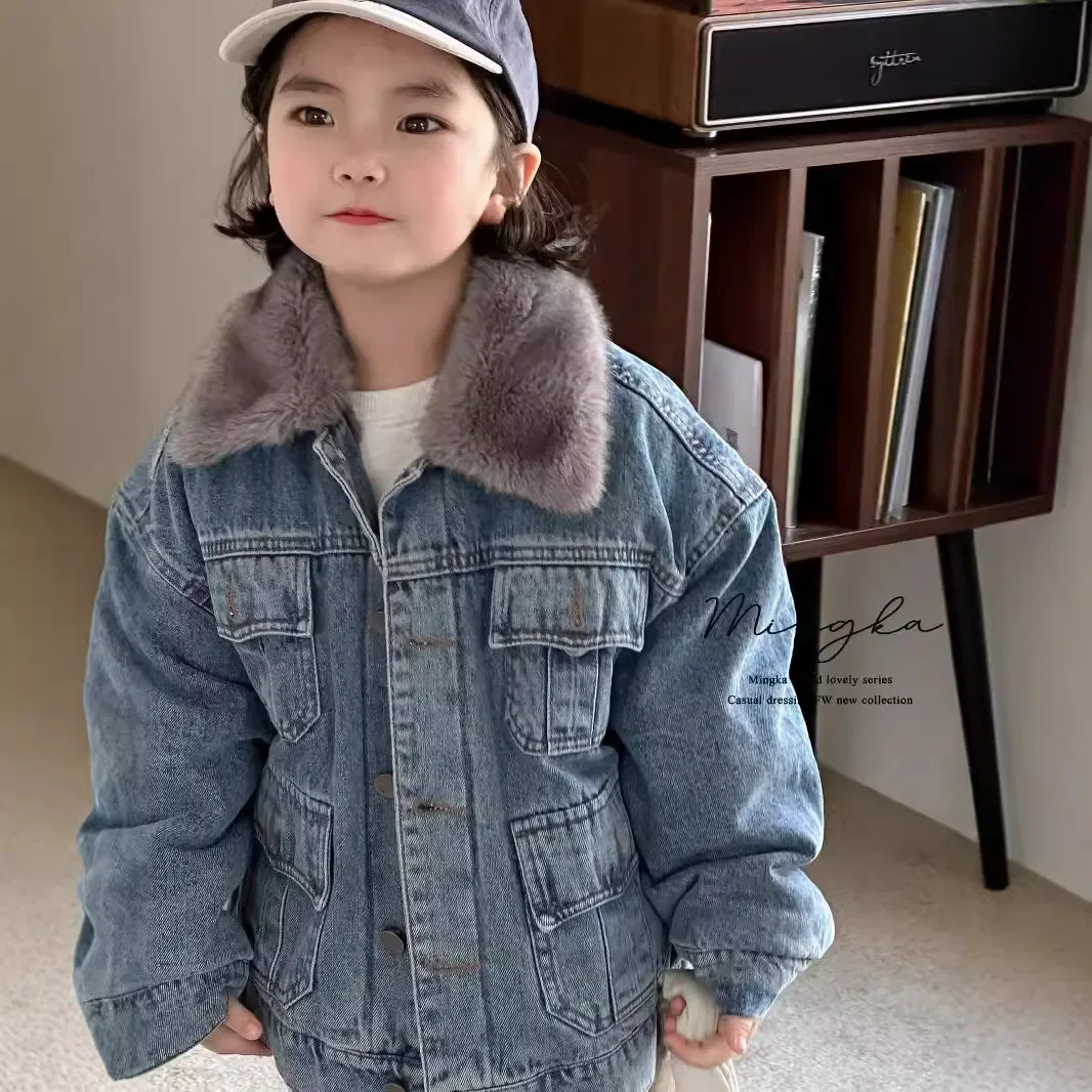 

Girls Coat 2024 Autumn New Childrens Clothes Korean Style Girl Baby Western Style Lapel Denim Coat Casual Simple Daily