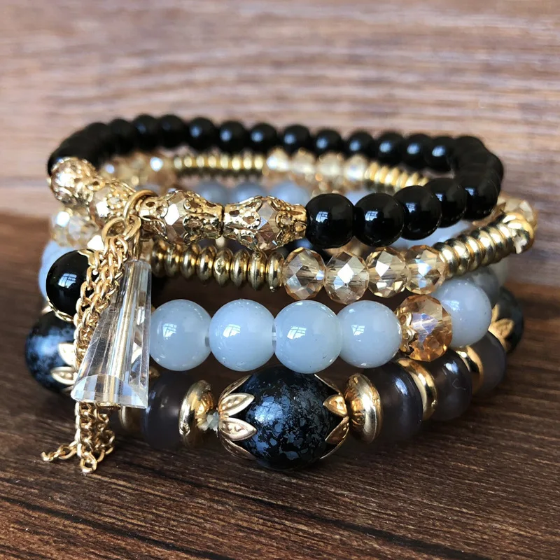 Bohemian Multicolor Crystal Beads Bracelets for Women Girls Boho Ethnic Tassel  Elastic Rope Handmde Wrap Bracelet Pulseira Femi