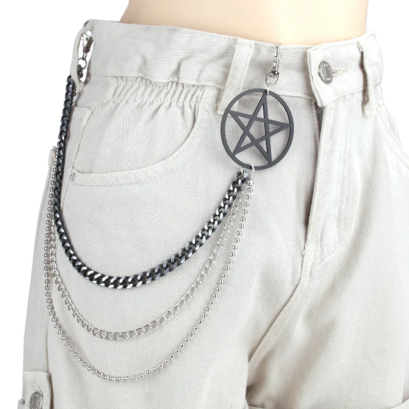 Black Silver Pentagram Multi‑Layer Pants Chain Unisex Metal Waist Chain Gothic Occult Punk Jeans Hanging Street Decor