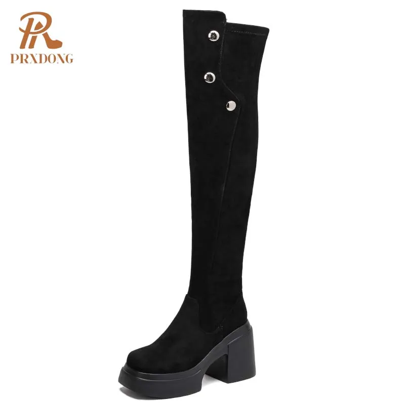 PRXDONG Damskie buty jesienno-zimowe 2024 Nowa moda Wysokie obcasy Gruba platforma Czarna sukienka Party Casual Over The Knee High Boots