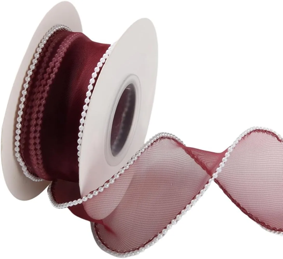 5 Yards 1 1/2 Inch Dark Red Faux Pearl Edged Ribbon Burgundy Sheer Wired Ribbon Organza Mesh Fishtail Ribbons Bundle Rolls