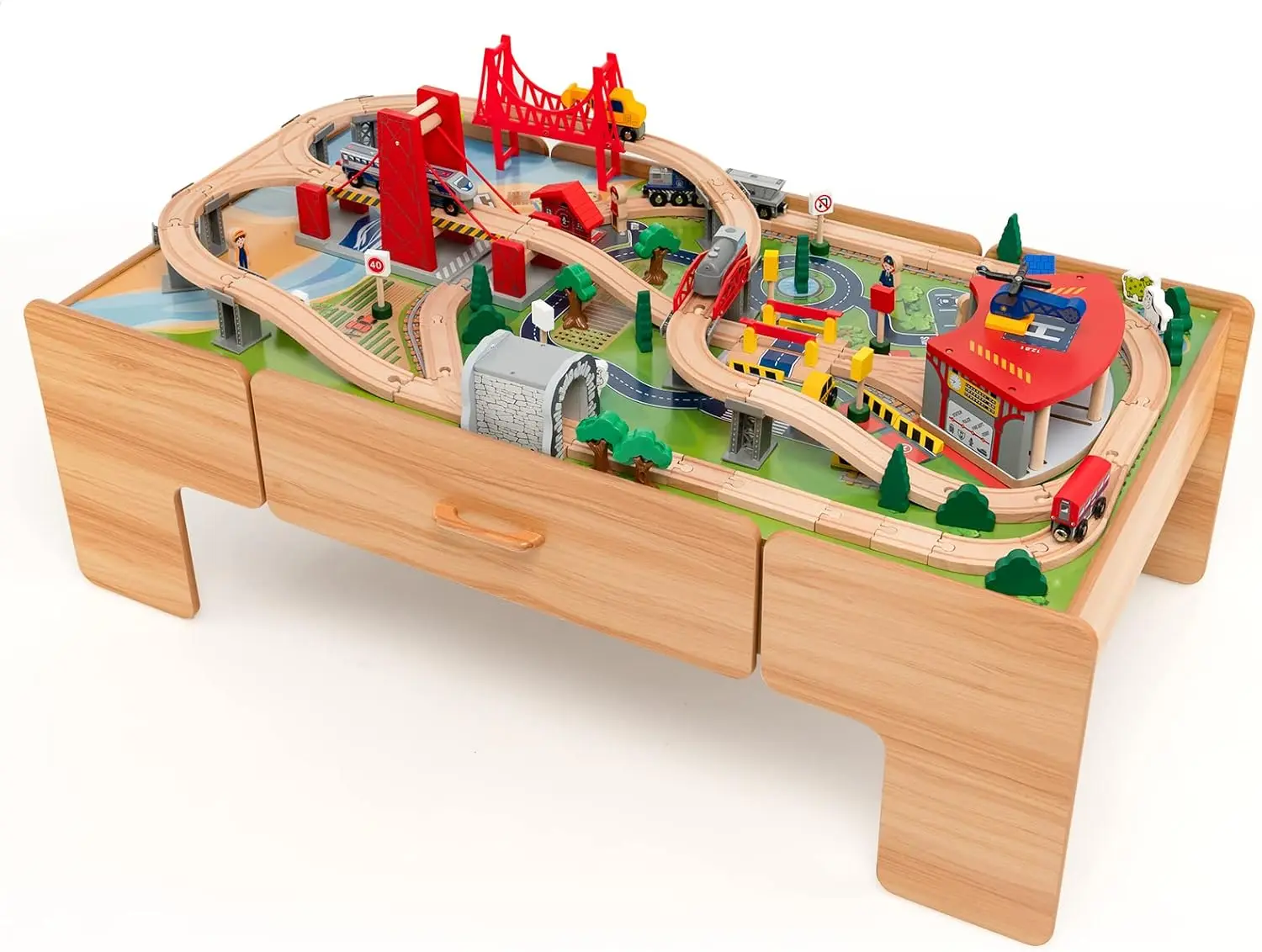 

Train Table, Wooden Kids Activity Table with Storage, 100 Multicolor Pieces, Tracks, Trains, Cars, Toddler Train Table Set with