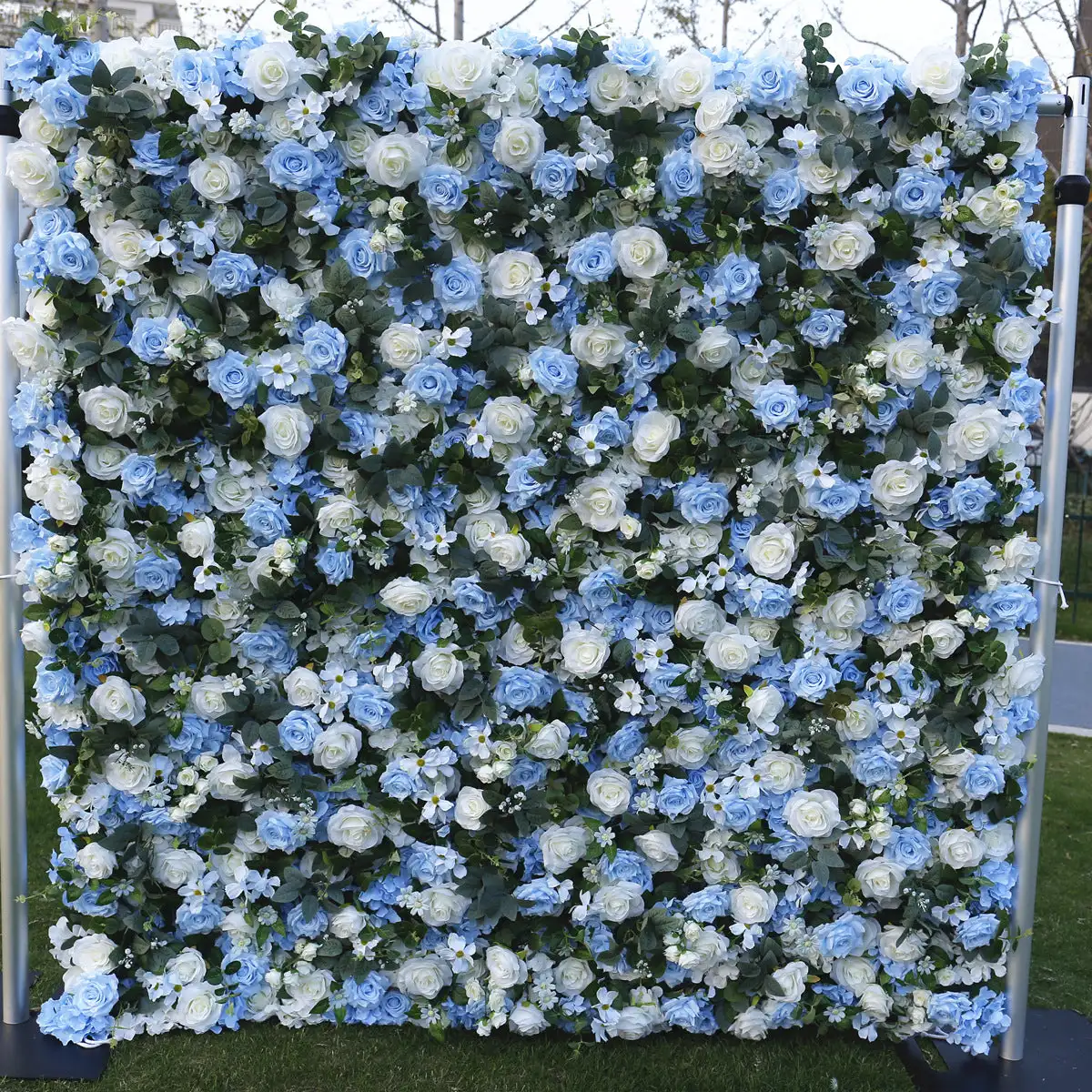 3D green leaf blue rose wedding background, artificial rose fabric wall background wedding activity suggestions flower backdrop