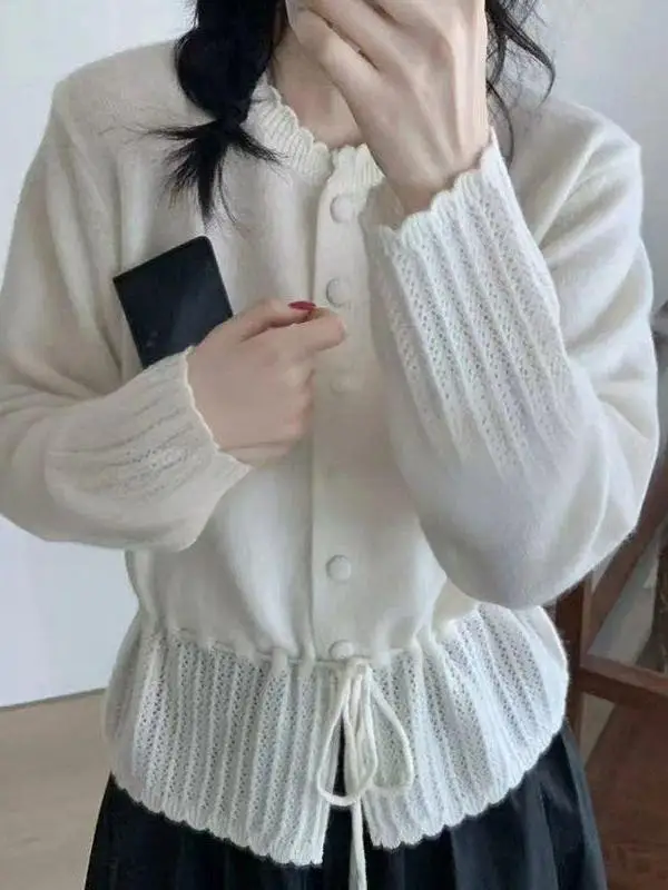 Sweet Style Knitted Top Belted Hollow out Design Creme Color Cute Tying Waist Autumn New Arrival Women's Soft Long Sleeve Swe...