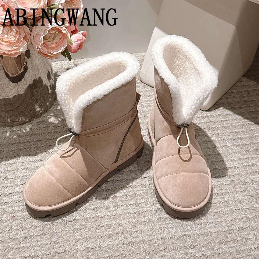 

2025 Winter New Suede Inside Fur Flats Heels Ankle Boots Women Round Toe Casual Warm Shoes Women Snow Short Boots Mujer