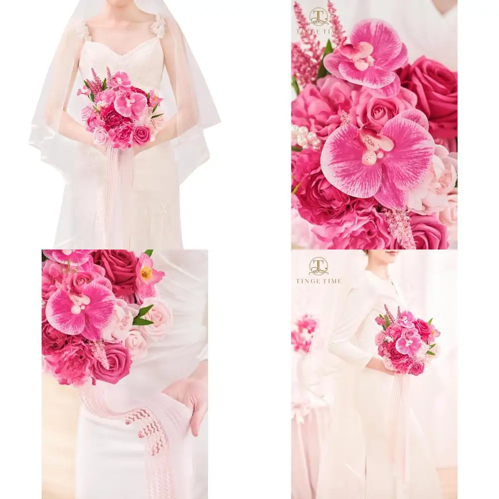 

9-дюймовый ярко-розовый каскадный искусственный свадебный букет для свадеб и юбилеев - элегантный декор для свадебной церемонии