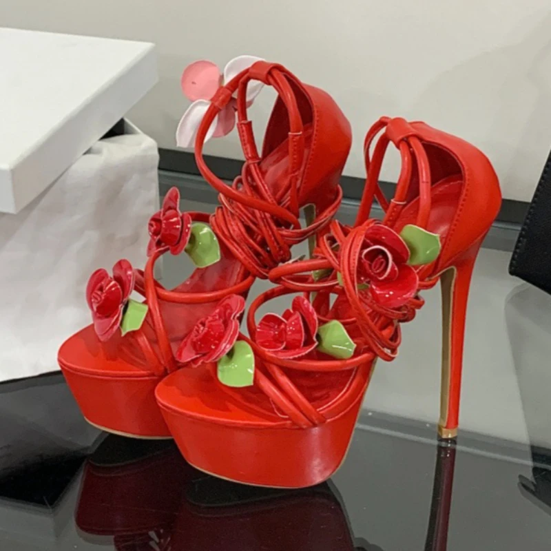 

Sexy Flower Decorate High Heel Sandals Women Luxury Cross Tied Designer Shoes Fashion Super High Heel Platform Shoes for Women