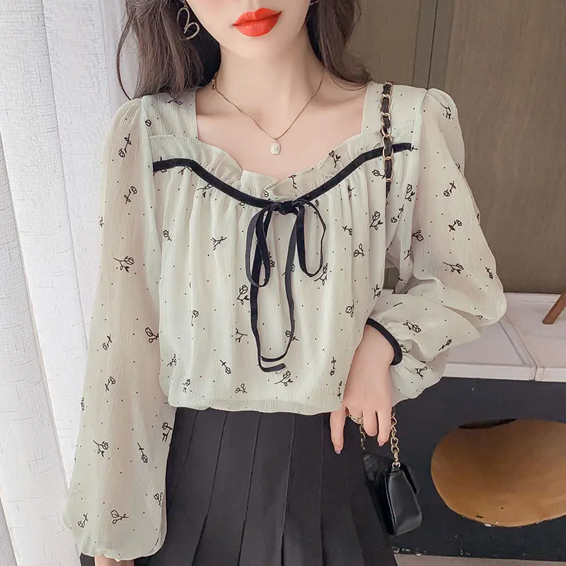 French Vintage Chic Floral Square Collar Long Sleeve Top Women\'s Clothing Spring Korean Version Slim Spliced Bow Youth Blouse