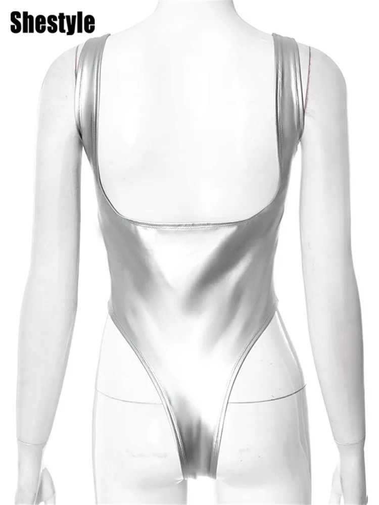 Shestyle الفضة عارية الذراعين تانك الأعلى للنساء عالية الخصر ساحة الرقبة أكمام الصلبة تألق زرر ثونغ مثير داخلية الساخن