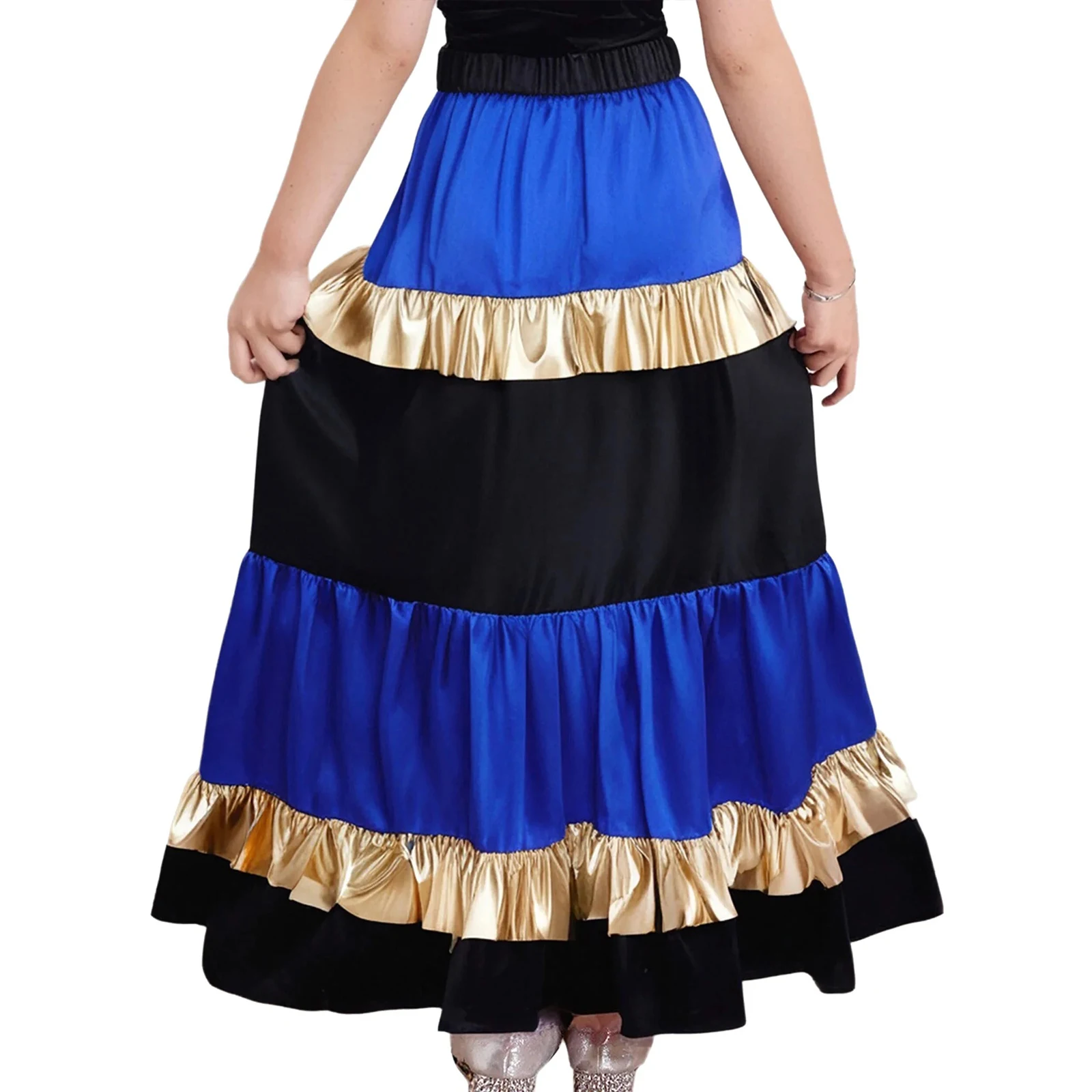 Gonna da ballo flamenco valzer per bambina, gonna maxi altalena grande satinata con volant a strati, colore a contrasto lucido metallizzato per la danza spagnola