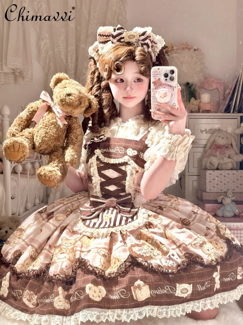 

Original Lolita Cute Bow Dress 2025 Autumn New Sweet Cartoon Print Girl Womens Temperament Birthday Party JSK Dresses