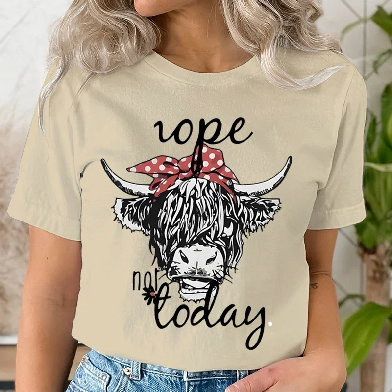 Women Funny T Shirts Cute Hairy Scottish Highland Cow T-Shirt Round Neck Casual Tops Women Cow Head & Letter Print Short T-shirt