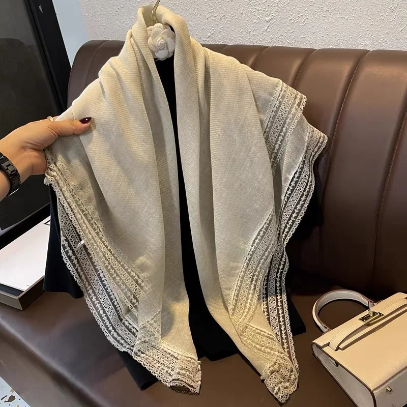 Pink/White/Grey 100cm lace cotton linen square scarf elegant scarf Bandana designer kerchief, extra fine cotton - for Women