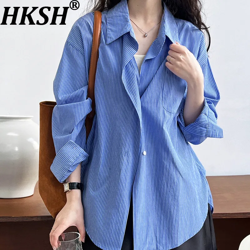 

HKSH Autumn New Women Striped Shirt Turn-down Collar Long Sleeve Pocket Elegant Temperament High Street Stylish Ins Tops HK11147