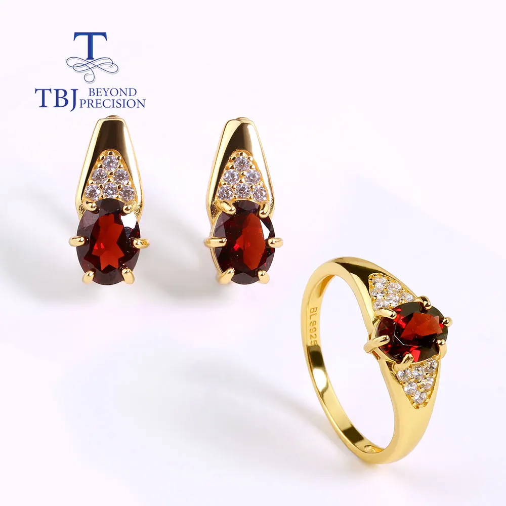 100% Natural Red garnet Jewelry Set  Mozambieque gemstone oval 6*8mm  Ring earring  925 sterling silver fine jewelry