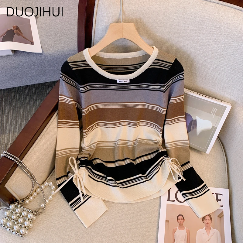 

DUOJIHUI Basic Simple Casual Fashion Knitted Women T-shirts Autumn Classic Striped Chicly Drawstring Slim Waist Female T-shirts