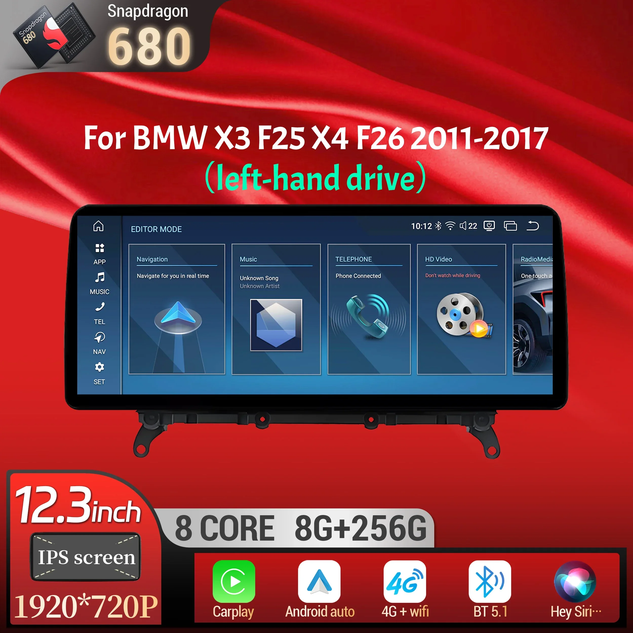 12.3 inch For BMW X3 F25 X4 F26 2011-2017 Left Hand Drive Android 14 Car Radio Wireless BT Carplay Snapdragon 680 Touch Screen