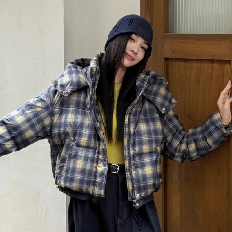 2025 Winter Fashion Women's Down Jacket Commuter Hoodie Plaid Short Jacket