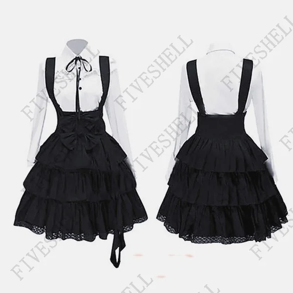 Medieval Women Classic Lolita Dress Vintage Inspired Outfit Cosplay Anime Girl Black Long Sleeve Knee Length fashion Shirt Dress