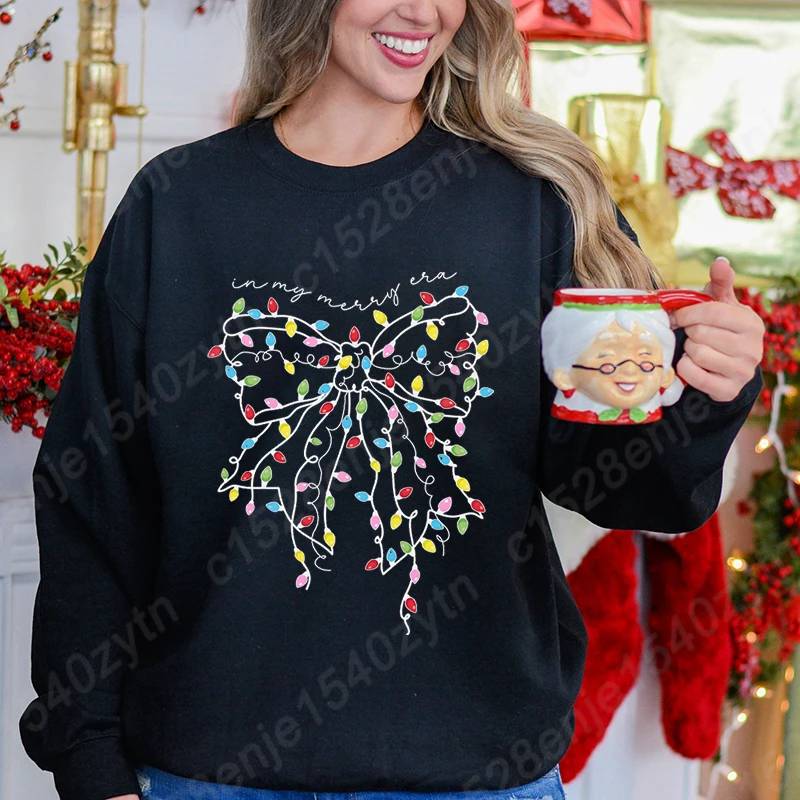 Christmas Light Bow In My Merry Era Print Pullovers Women Round Neck Pullovers Creative Solid Color Casual Hoodeless Sweatshirts