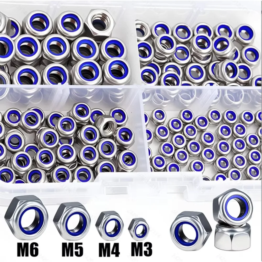 150Pcs M3/M4/M5/M6 Anti-Slip Hex Lock Nuts 304 Stainless Steel Blue Nylon Insert Fully Threaded Fastener Assortment Kit Boxed