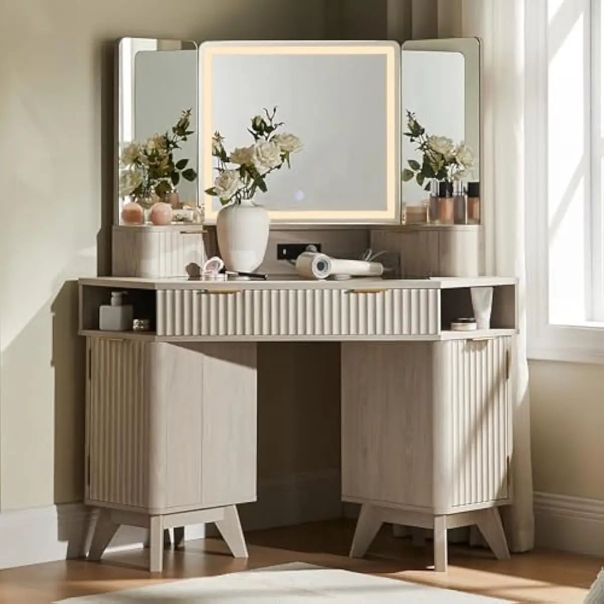 48 Inch Fluted Vanity Desk with Curved Silhouette Gold Handles Faux Marble Top Tempered Glass Surface Three Section Mirror Syste