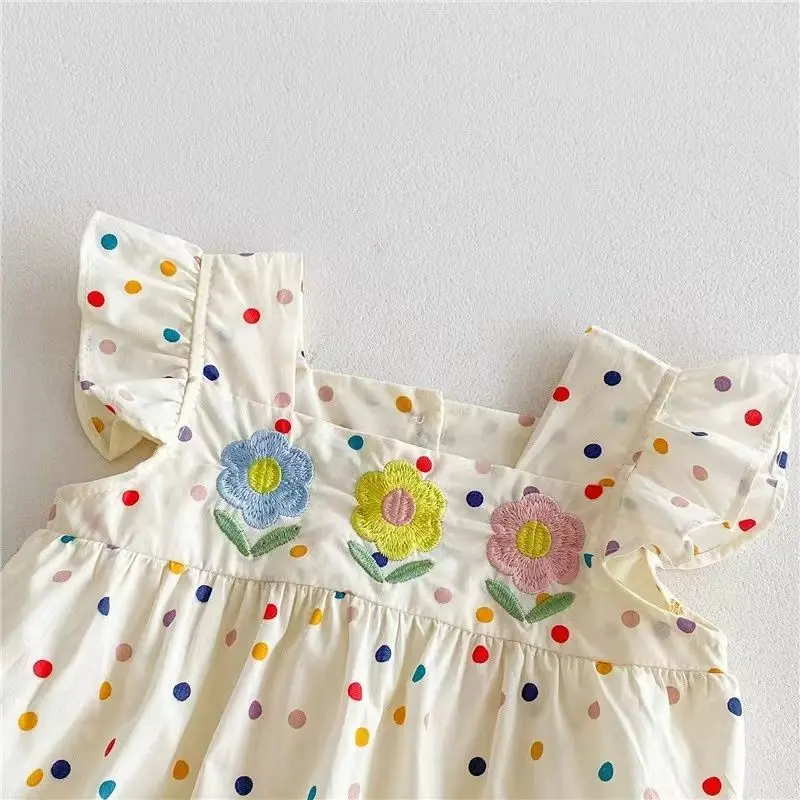 Summer Baby Girl Colorful Dotted Three Flowers Embroidered Little Flying Sleeves Jumpsuit Girl Cute Cotton Crawling Sweetheart