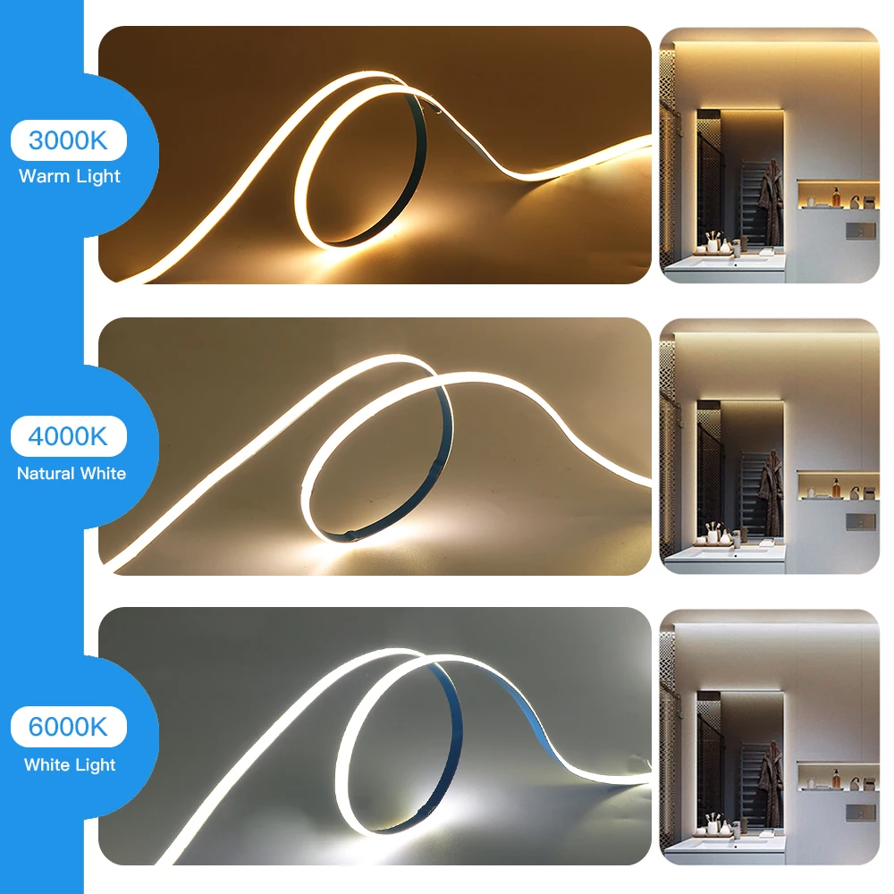 Imagem -04 - Cob Led Strip Light 384leds por m Ultra Fino mm de Largura dc 12v 24v Alta Densidade Linear Regulável Flexível 2pin Line